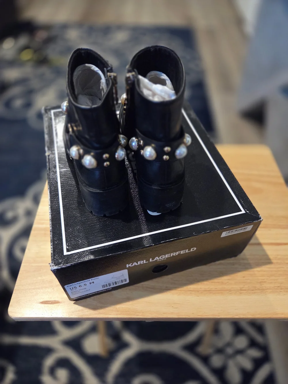 Karl Lagerfeld Black Leather Ankle Boots with Pearl & Stud Trim